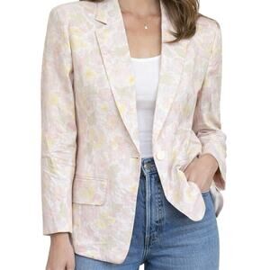 Vintage 90s Liz Claiborne Womens 4P Pink Floral Linen Blazer Shoulder Pads